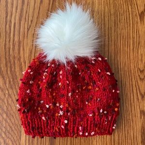 Christmas Handmade Knit Toddlers Hat with Pom Poms, Red Chunky Holiday Beanie